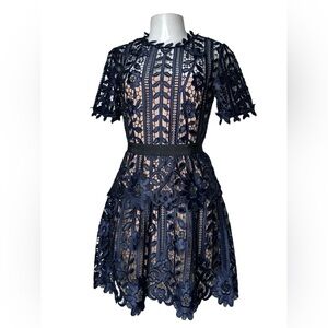 NEW Self-Portrait Lace A-Line Dress Navy/Nude Crochet Lace Size 2